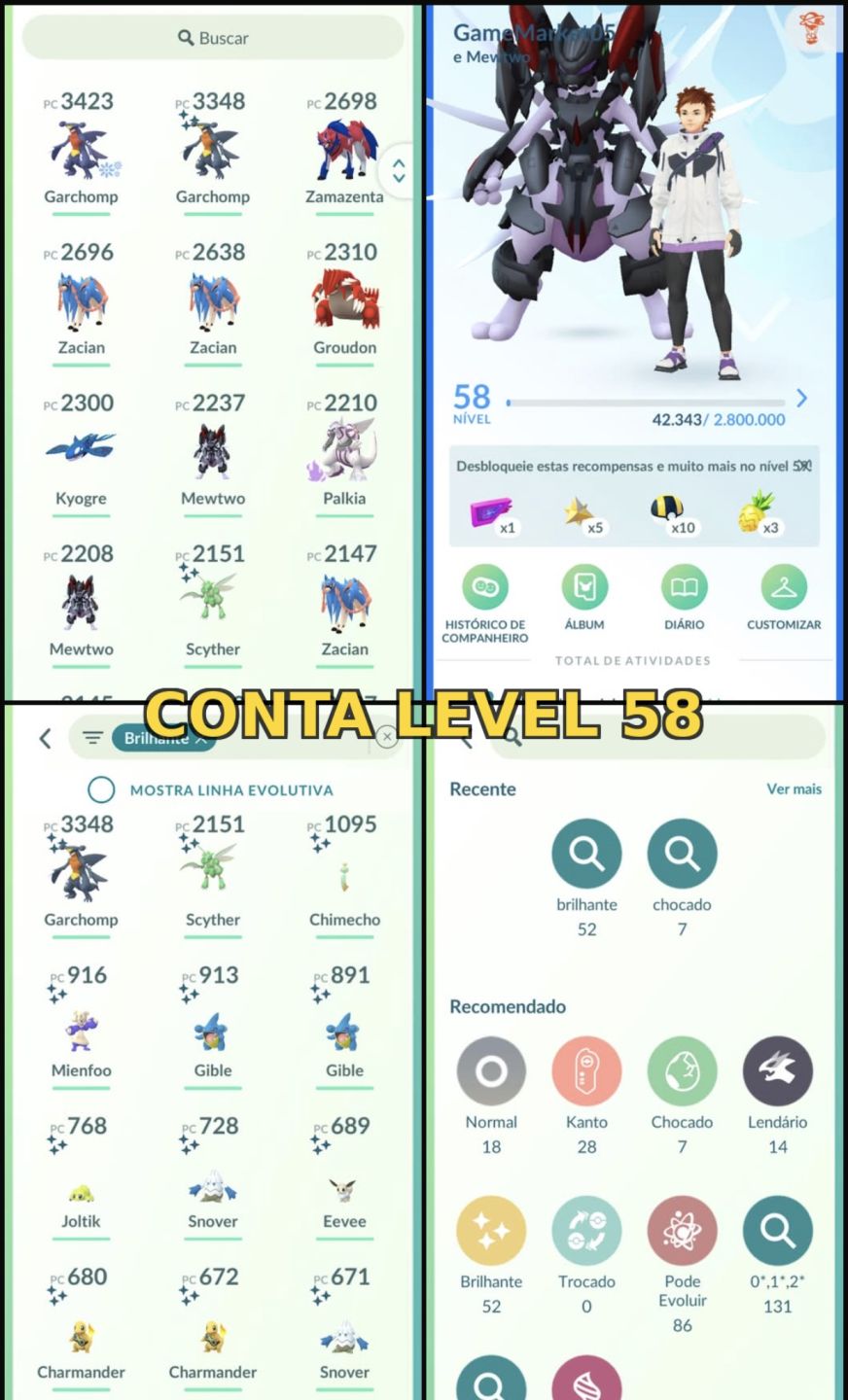CONTS LEVEL 30+ POKEMON GO + LENDÁRIOS + BRILHANTES