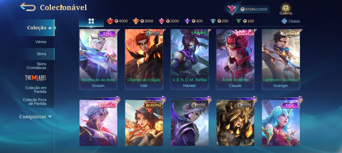 VALOR A NEGOCIAR Conta MLBB Todos os Heróis e várias skins.