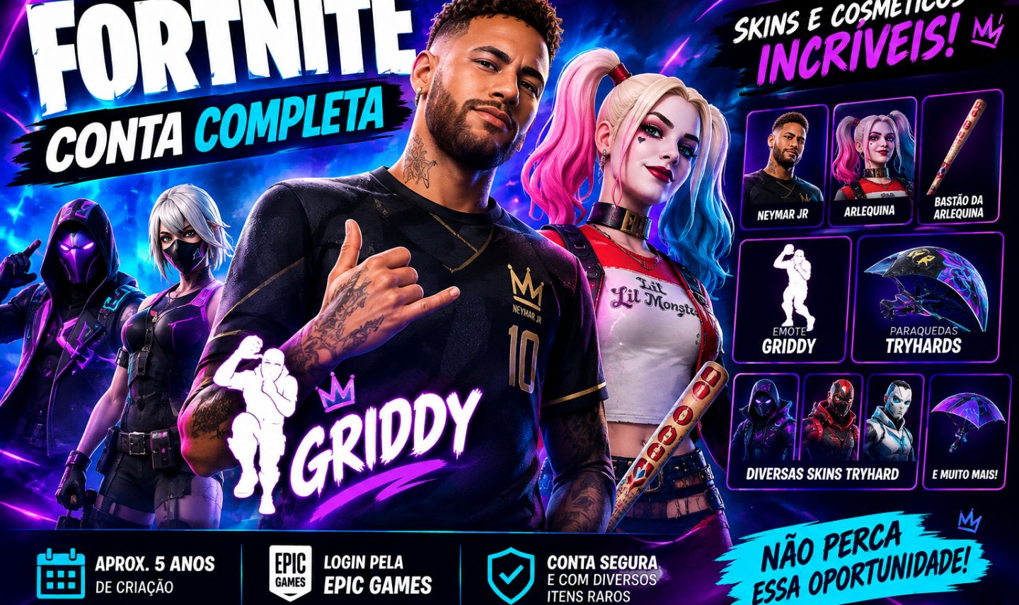 Conta Fortnite Neymar + Griddy + Arlequina | Skins Tryhard