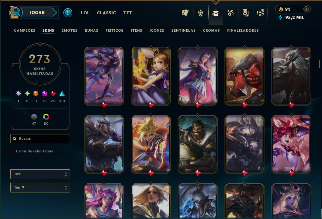 Conta com +5k gastos, 273 skins, todos campeoes. (Skins de tfte valorant tbm)