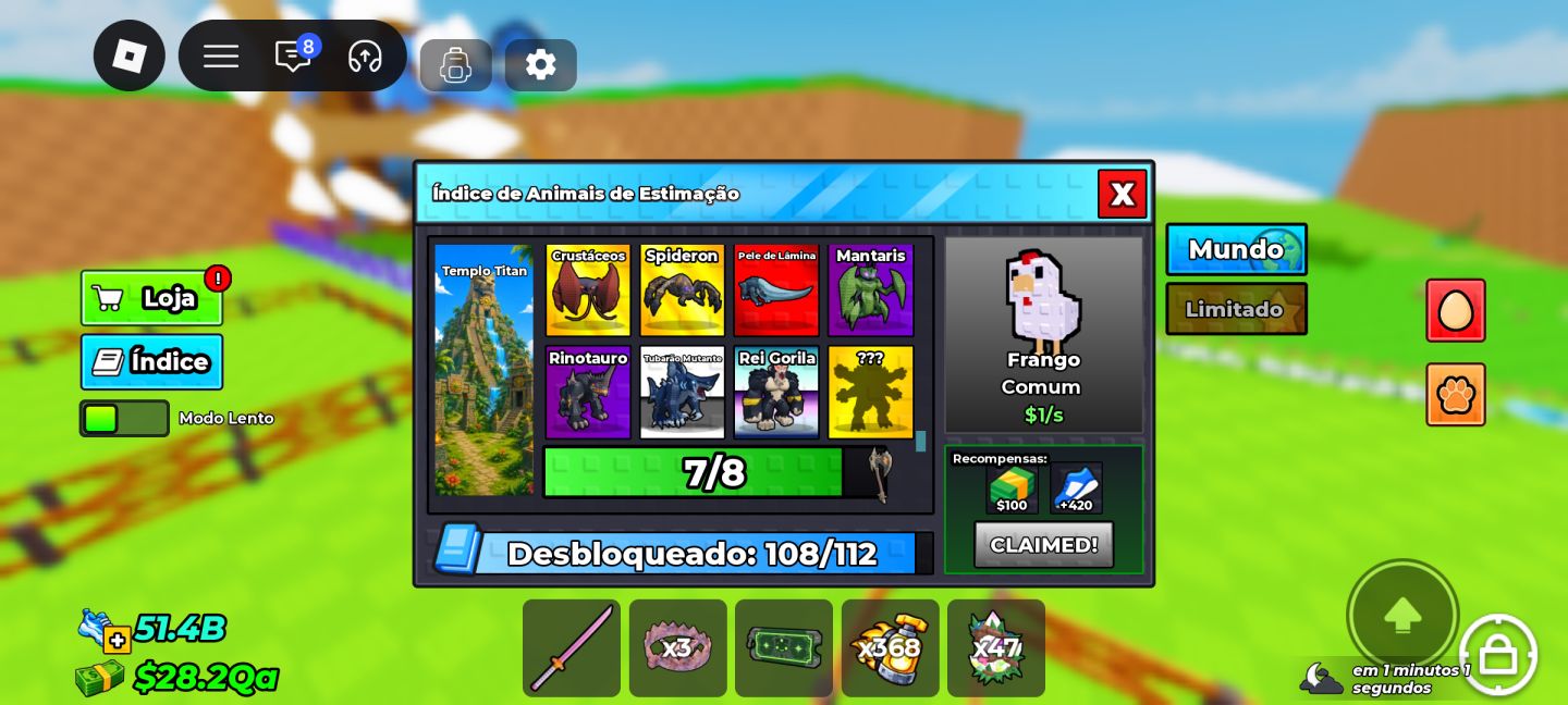 ÍNDICE 96% | PETS E OVOS 1B+ | CERCADO E ESTEIRA MAX | 4 SKINS ROBLOX
