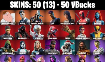 CONTA FORTNITE COM 50 SKINS PETER GRIFFIN/MIDAR/ETERNAL KNIGHT/FADE/TONY STARK