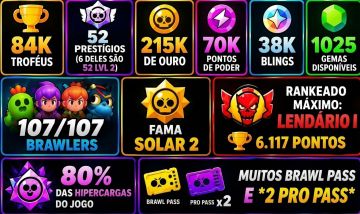 85k Brawl Stars 107/107 BRAWLERS 1040 GEMAS 220K GOLD || 10.6k Clash Royale