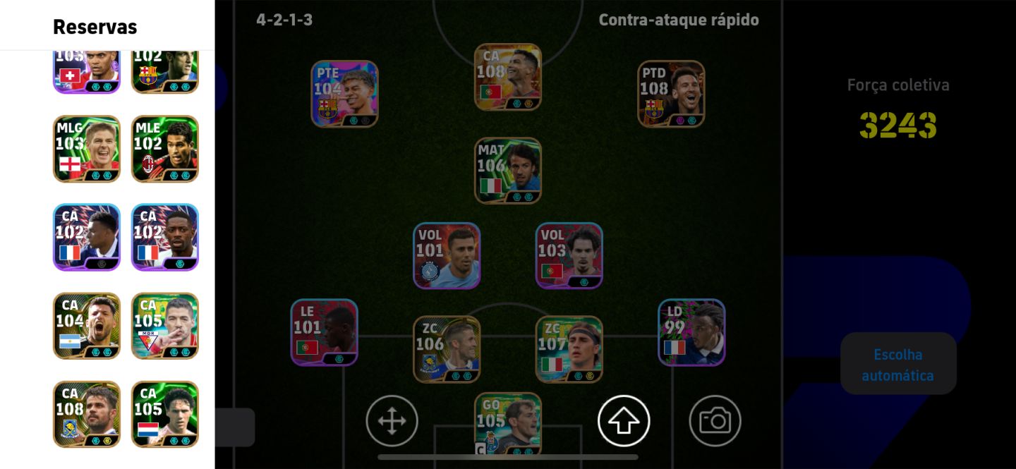 CONTA eFOOTBALL MOBILE TOP! ELENCO ESTRELADO + CRISTIANO RONALDO 108 E MESSI 104