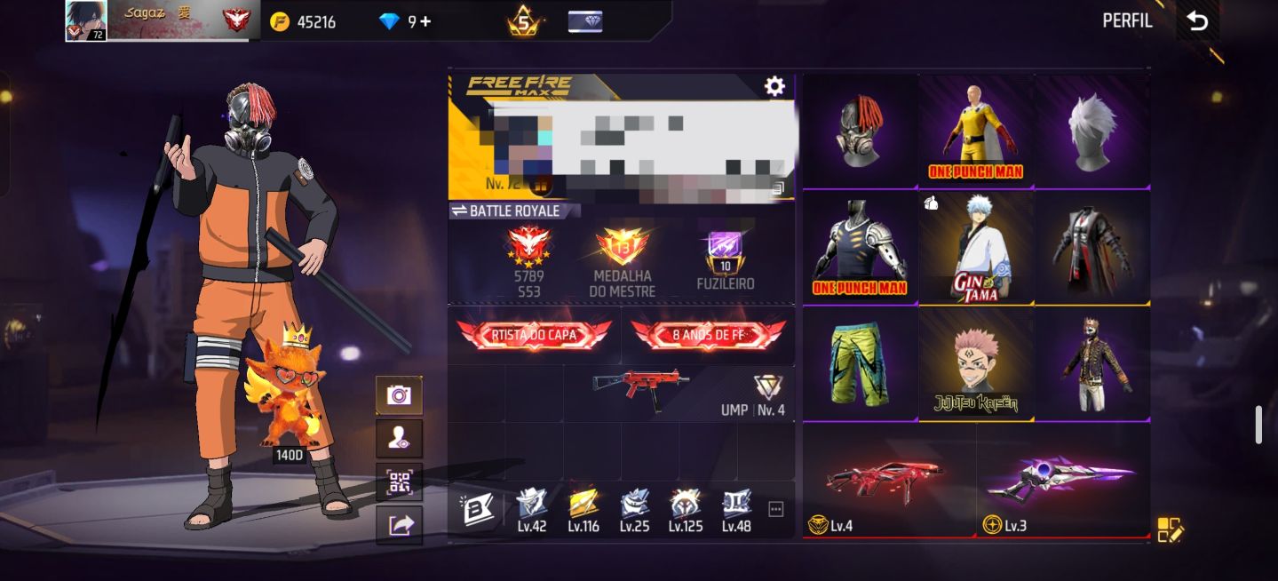 Conta freefire com todas as skins da primeira parte naruto