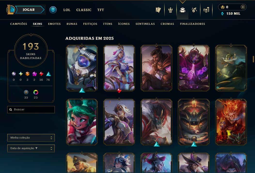 Conta LoL 193 Skins | 2 Ultimates + 2 Míticas + 16 Lendárias | 150K Essências Az