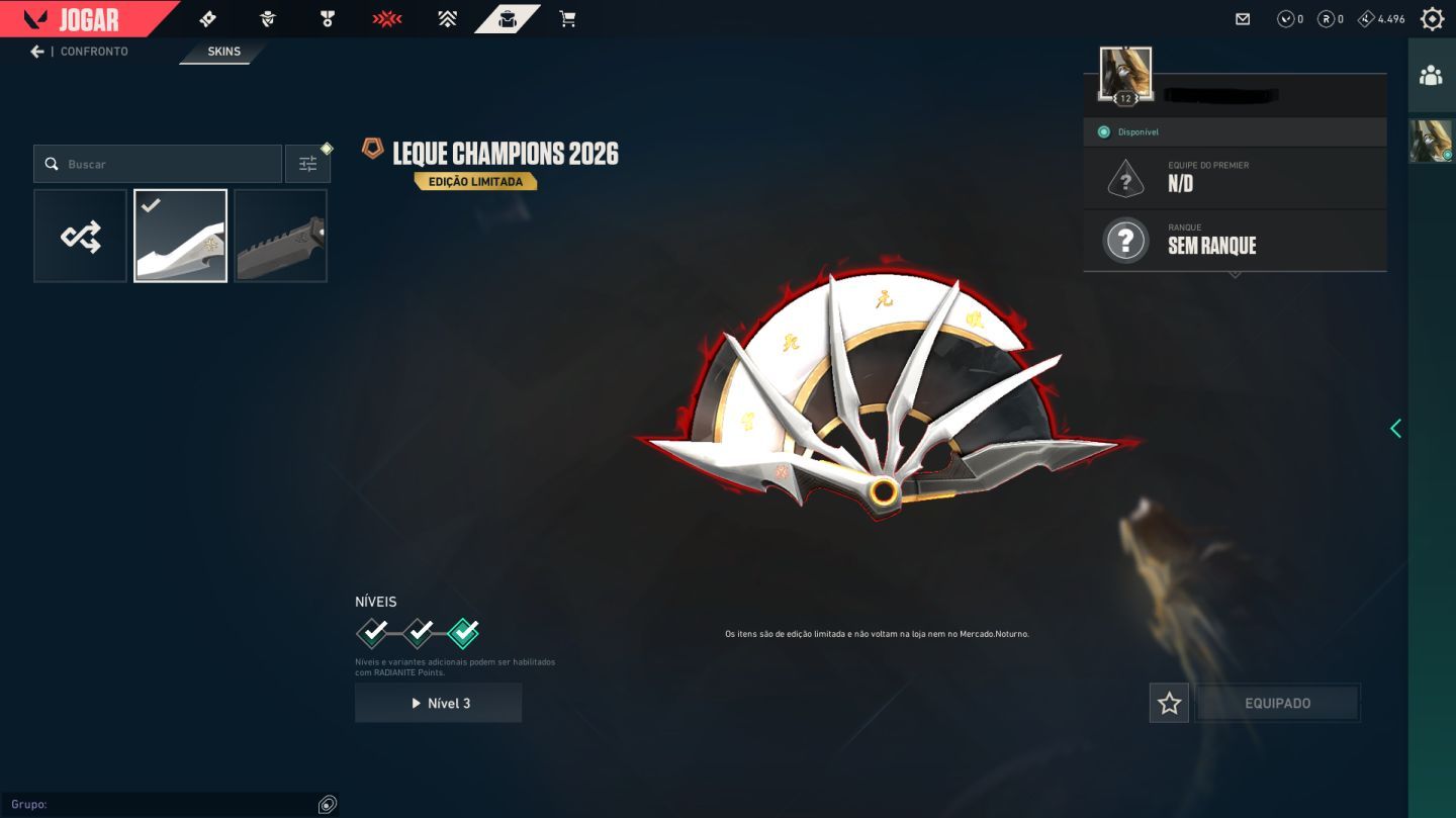 CONTA VALORANT PLATINA 3 COM VANDAL HEROI VALOROSO E PACOTE CHAMPIONS 2026