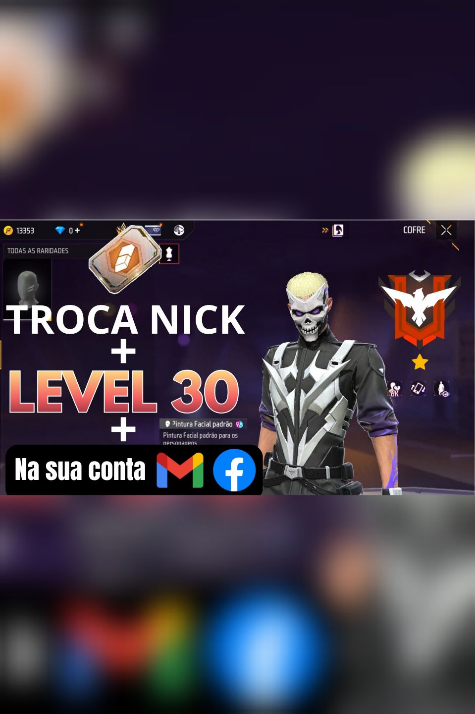 Contas free fire level 30 + troca nick + patente mestre + no seu e-mail