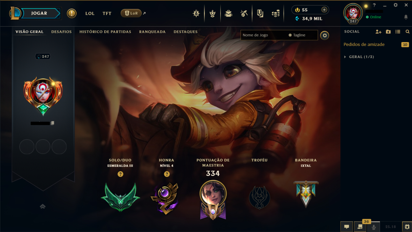 CONTA DE LOL E VALORANT COM 75 SKINS ESMERALDA (LOL) E PLATINA (VALORANT)