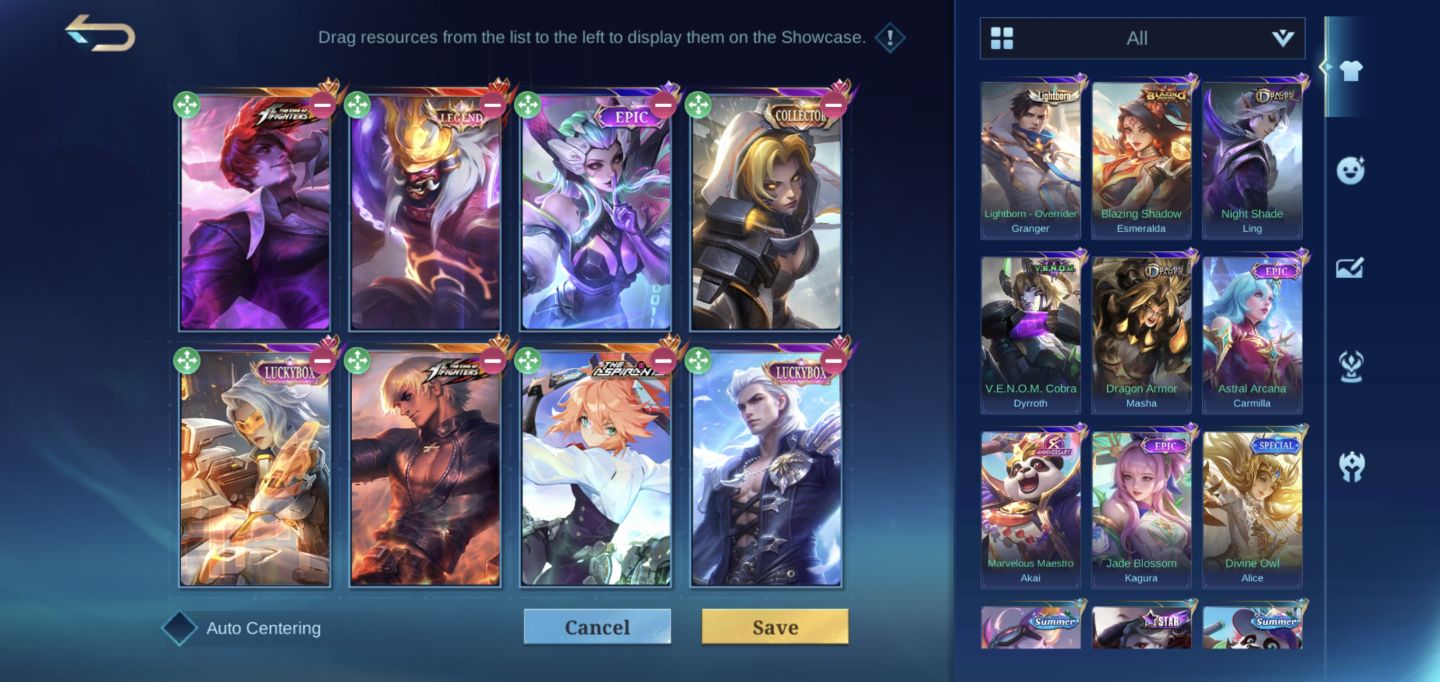 Conta MLBB 285 skins, épicas, aspirants, legend, Kof, Colab. etc