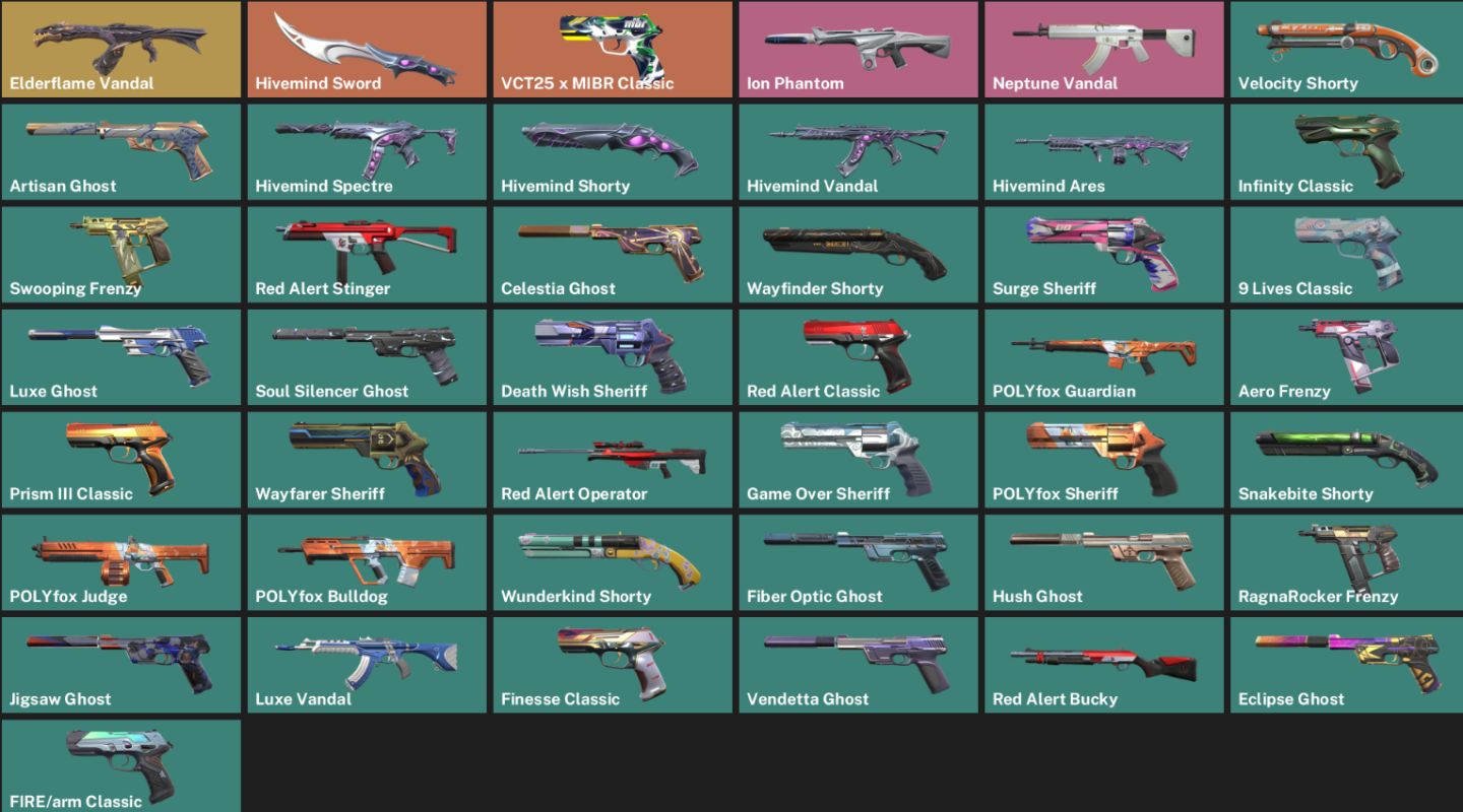 CONTA VALORANT 43 SKINS 1 FACA/ELDERFLAME,ION,NEPTURE,HIVEMIND,VCT25XMIBR/FULL