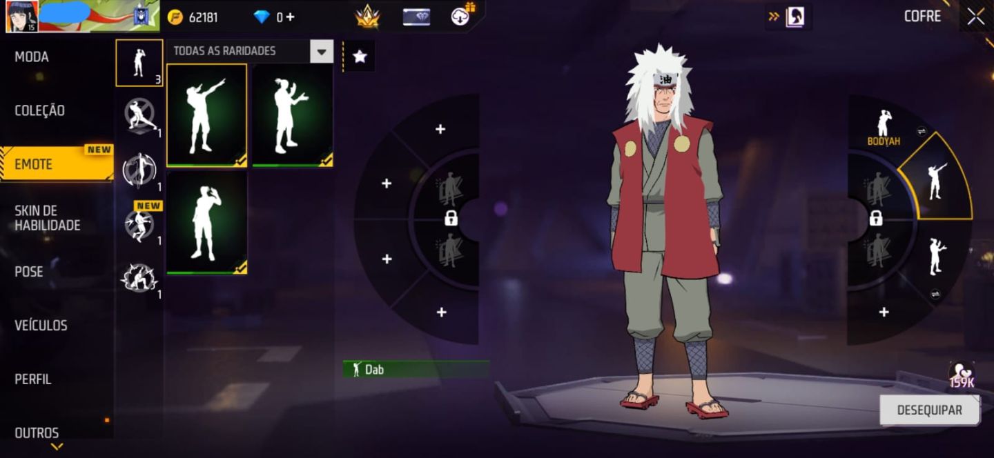 CONTA DE FREE FIRE COM CONJUNTO JIRAIYA | MP5 TRETA SOMBRIA | 2 PAREDE DE GEL
