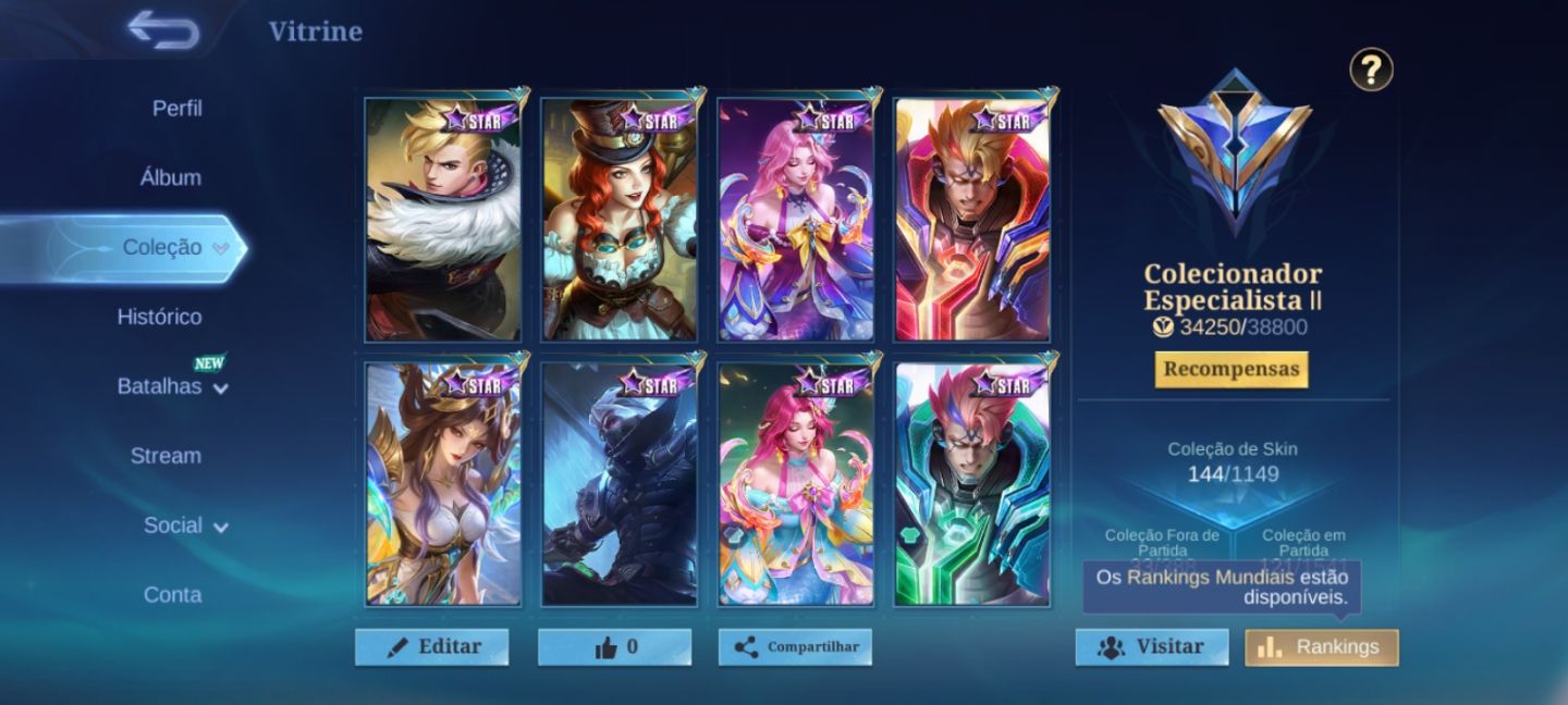 Conta de mobile legends com skins do Naruto e colector