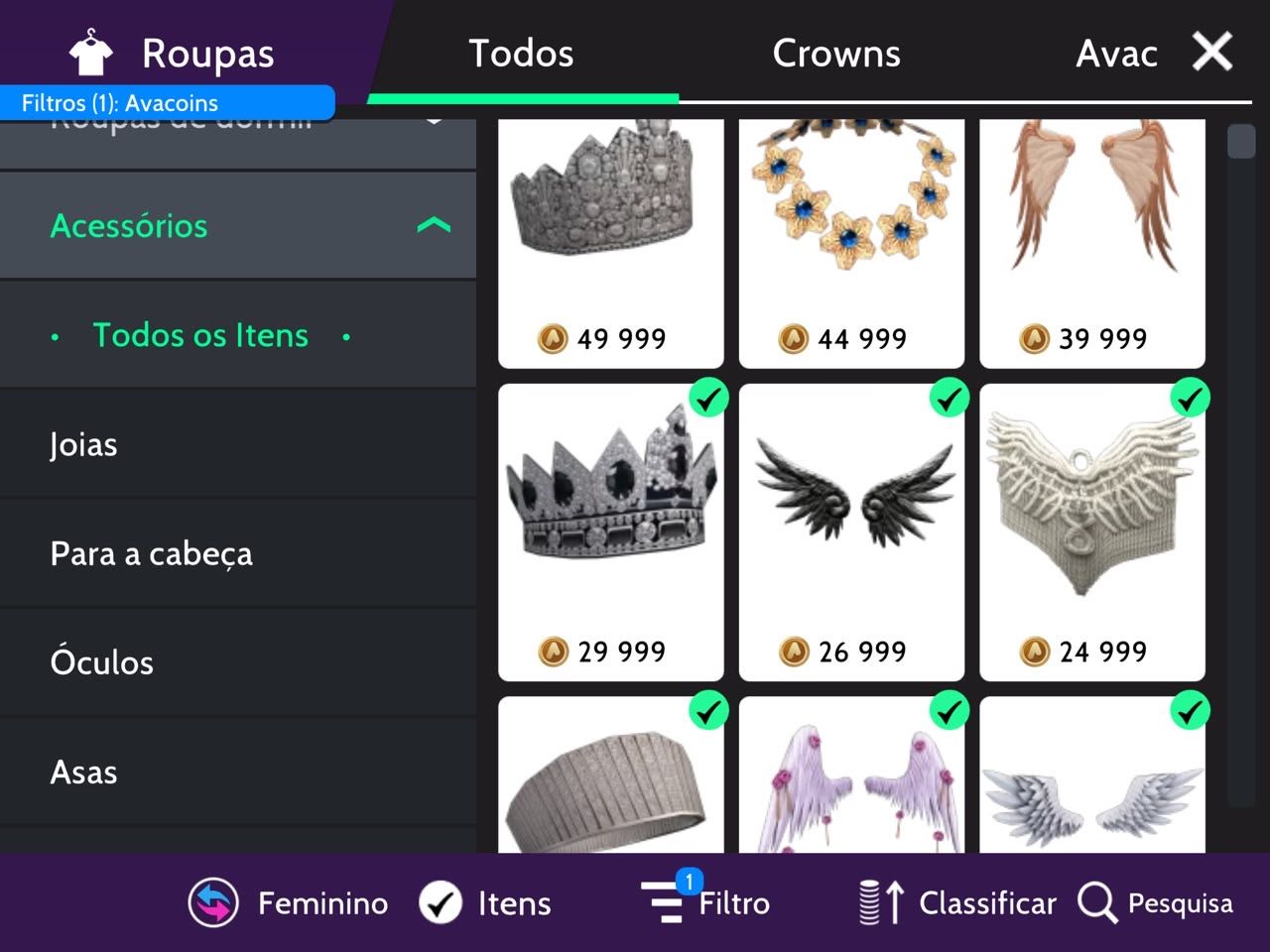 Conta avakin life lvl 43, 1490 roupas, 33k avacoins + asas e coroa