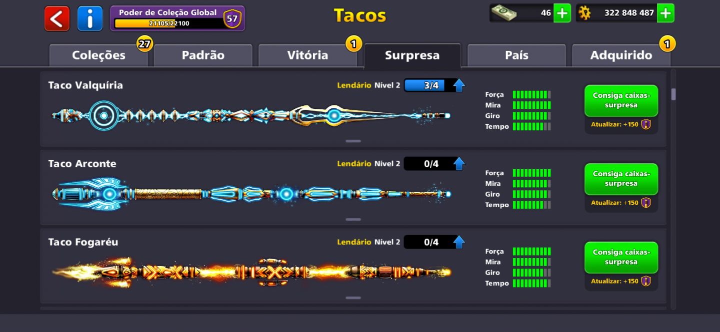 Conta 8 Ball Pool Nível 170 | Todos os Tacos Lendários + 3 Tacos Full de Evento