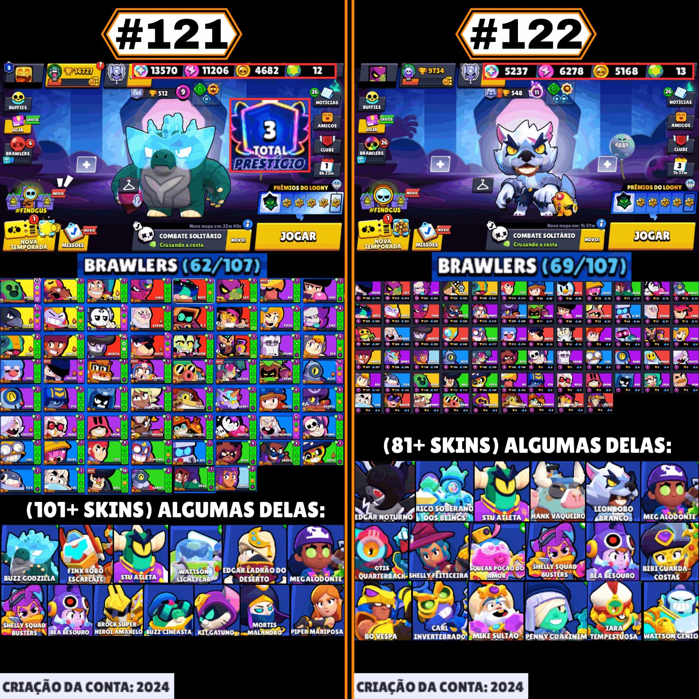 CONTAS BRAWL STARS | LENDÁRIOS, HIPERCARGAS, SKINS RARAS, P11, GEMAS, TROFÉUS