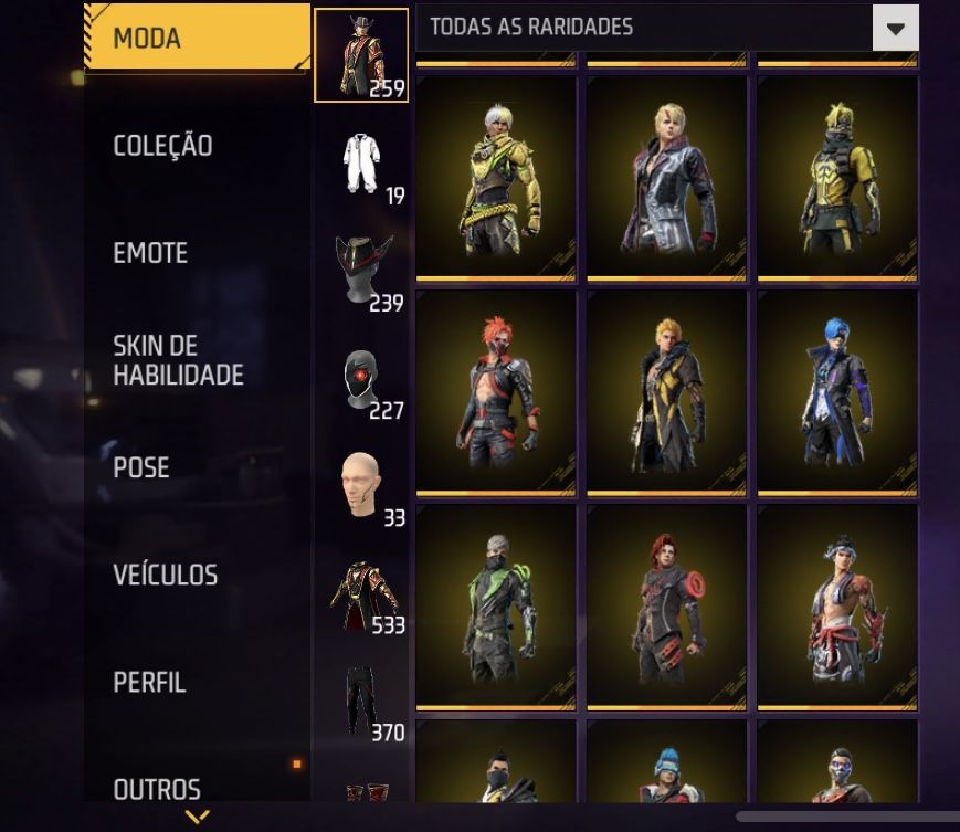 Conta Free Fira com skins de passes antigos