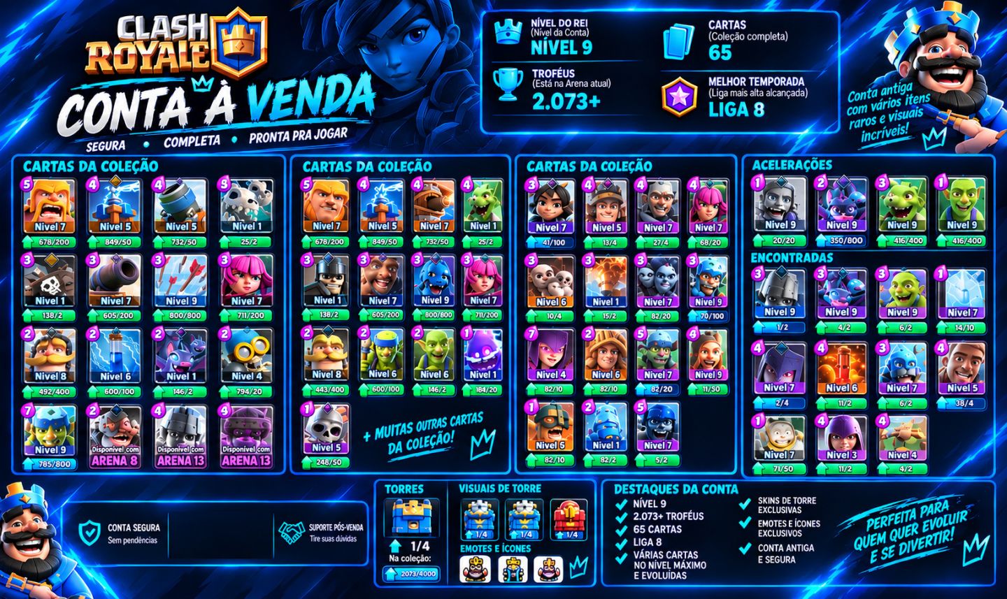 Clash Royale 2017 | Conta Rara c/ 704 Gemas + 43.635 Moedas | 65 Cartas