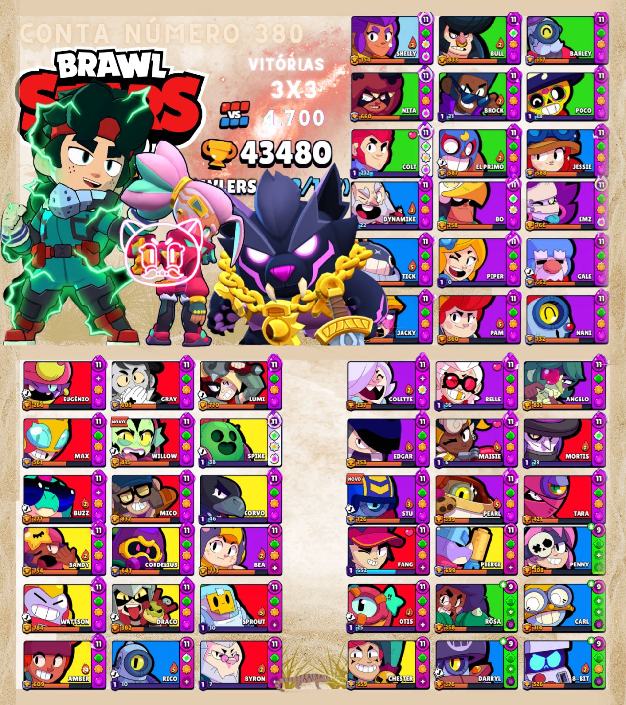 Contas de Brawl Stars Upadíssimas com vários troféus e Skins