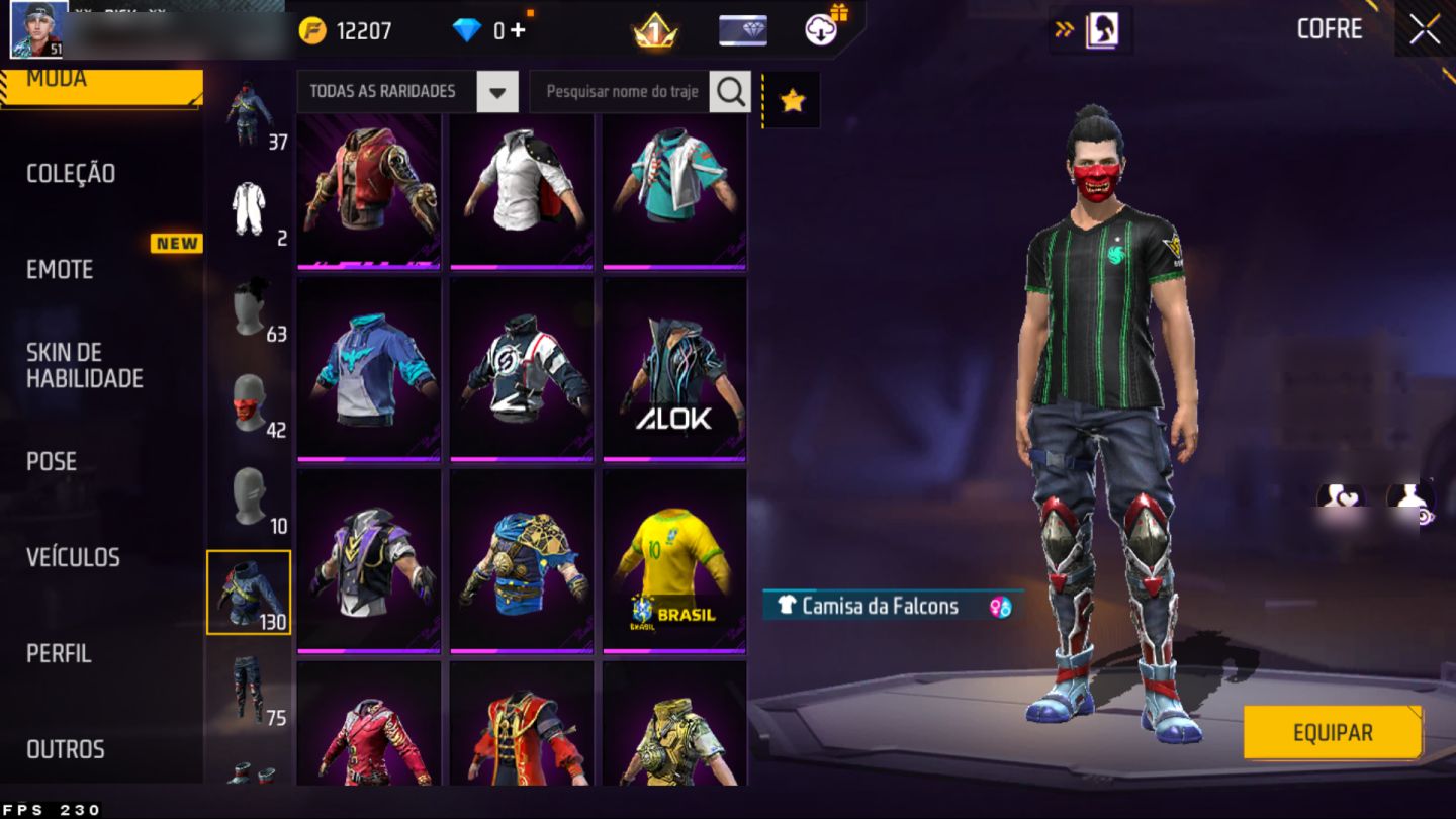 Conta Free Fire nível 51, várias skins de armas, paredes de gel e diversos itens