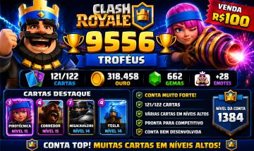 Conta de clash royale com 9556 trofeus e 600 gemas e com 121 /122 cartas