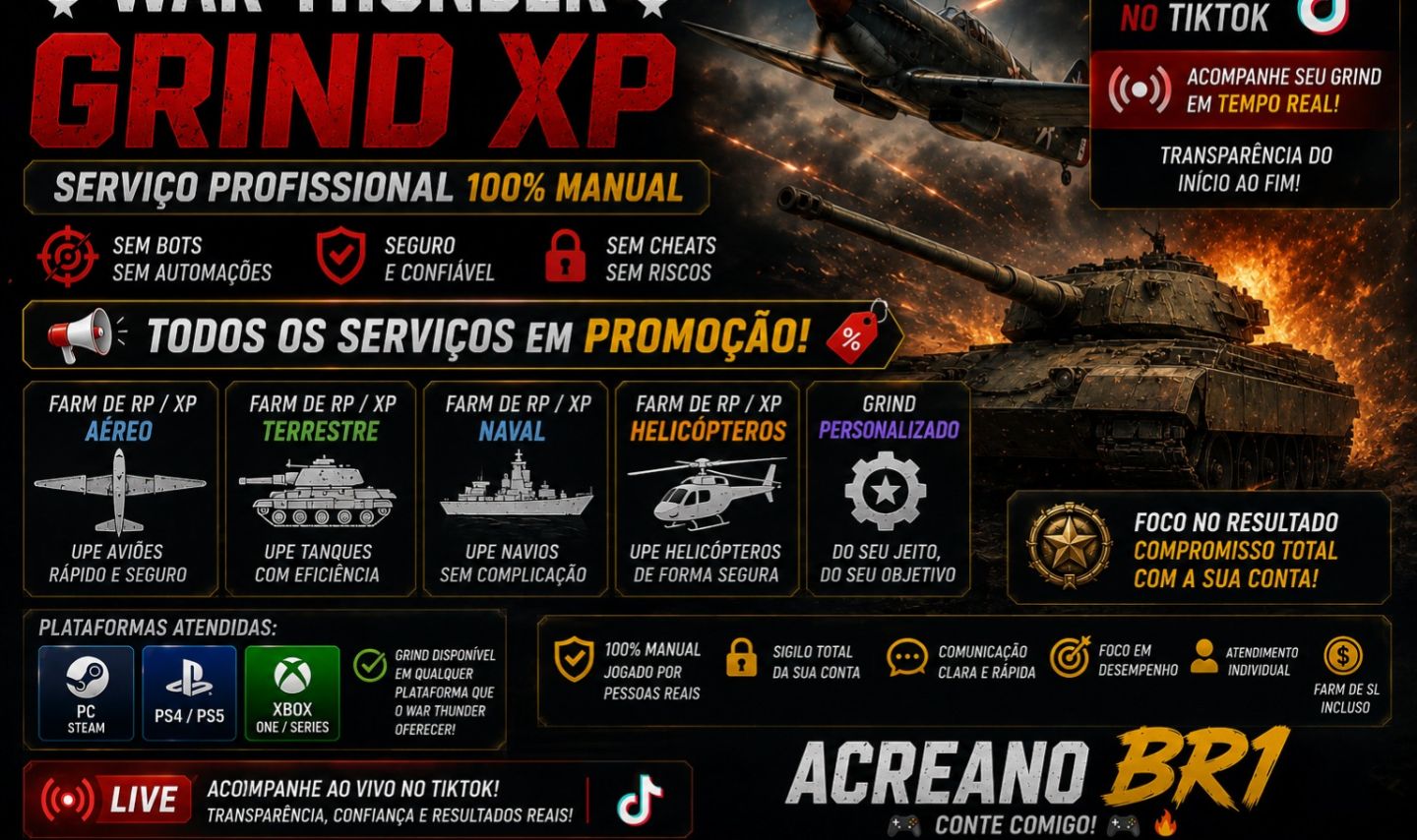 WAR THUNDER GRIND XP | Todos os Serviços em Promoção | 100% Manual