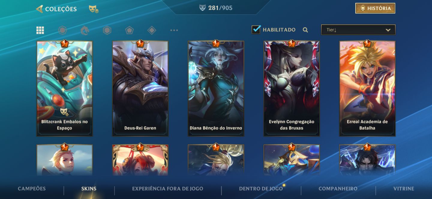 CONTA WILD RIFT COM 281 Skins, Challenger uma vez e tem 344 moedas laranjas