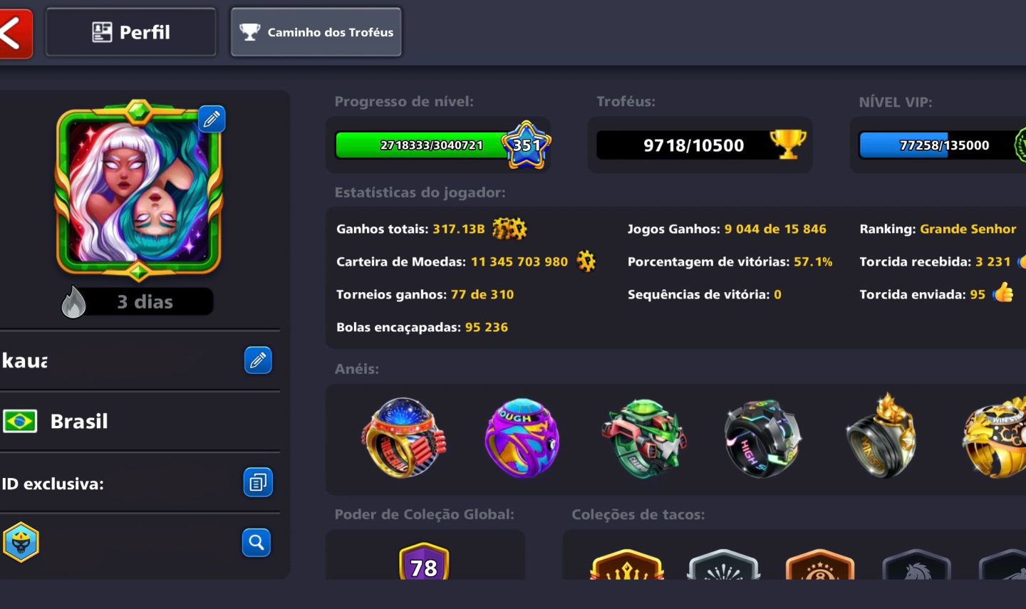 Conta 8 ball pool com 324 tacos e 11 bilhões de fichas