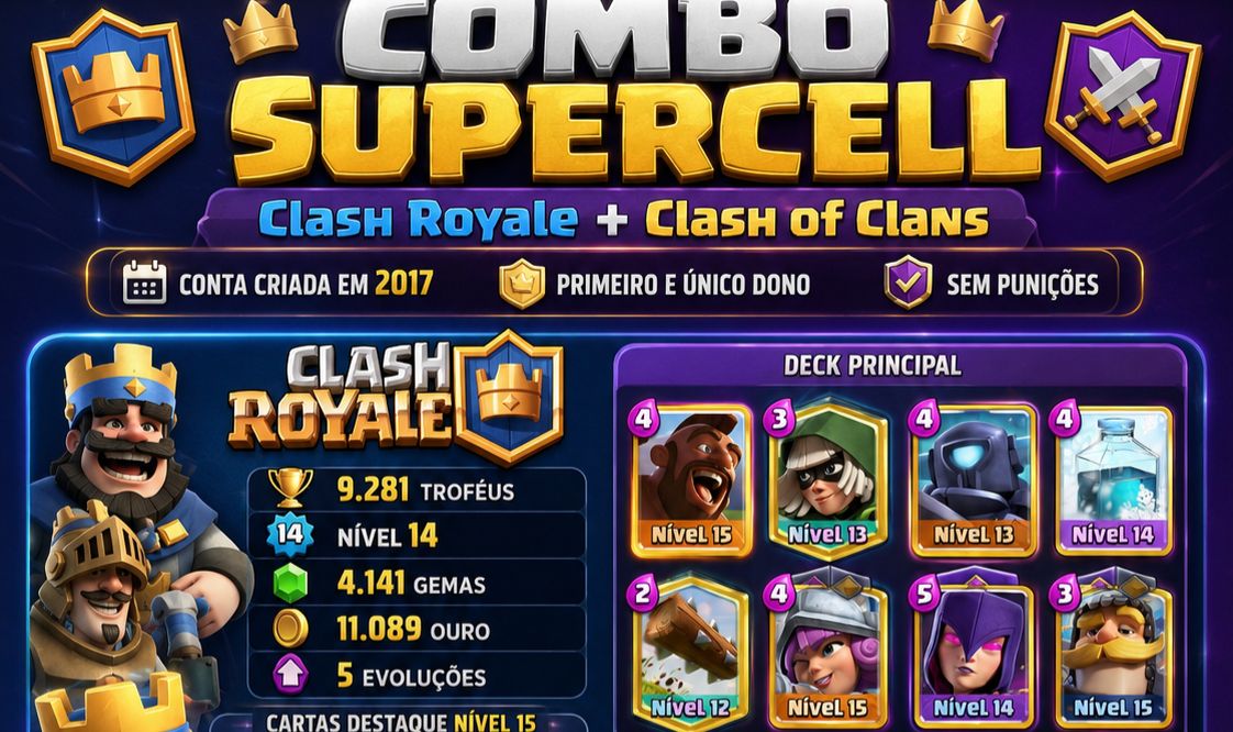 COMBO SUPERCELL 2017 | CR 9.281 TROFÉUS + COC CV14 | 5 EVOS + 5 SKINS
