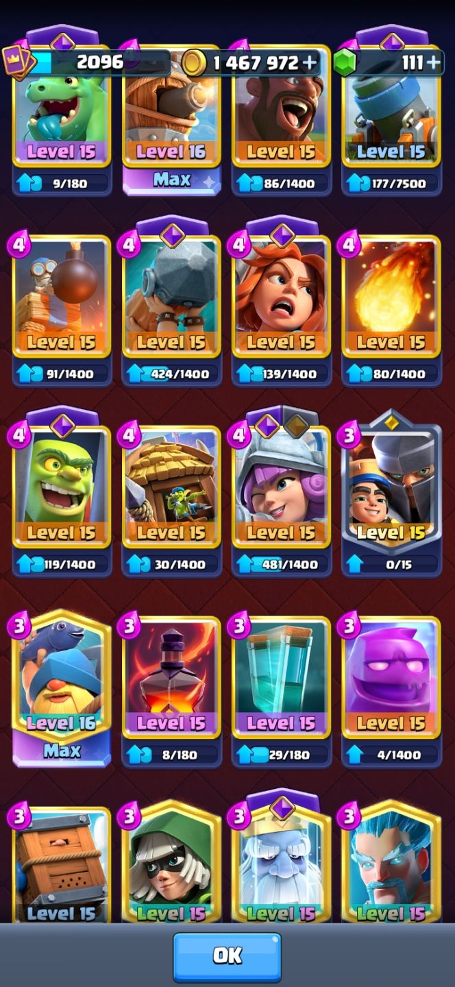 Conta Lvl 16 + todas cartas level 15 + 39 Evolucoes + 2 CRL BADGE+ Coleção 2096