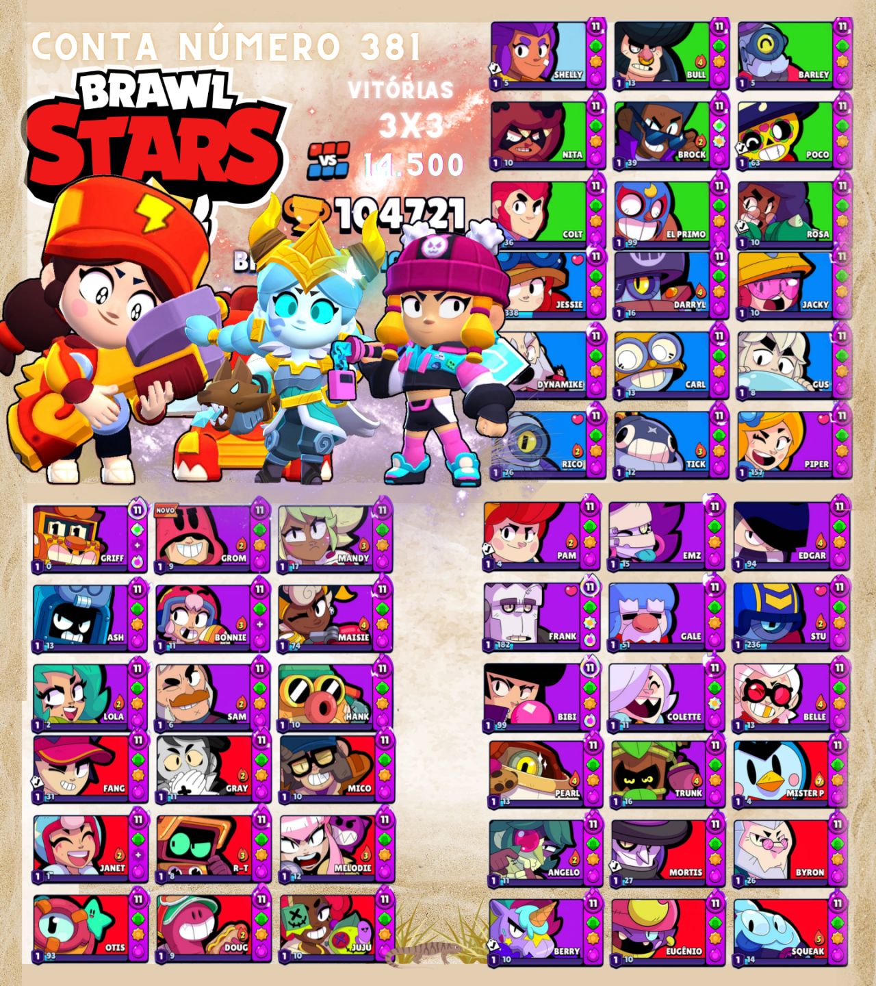 Contas de Brawl Stars Upadíssimas com vários troféus e Skins