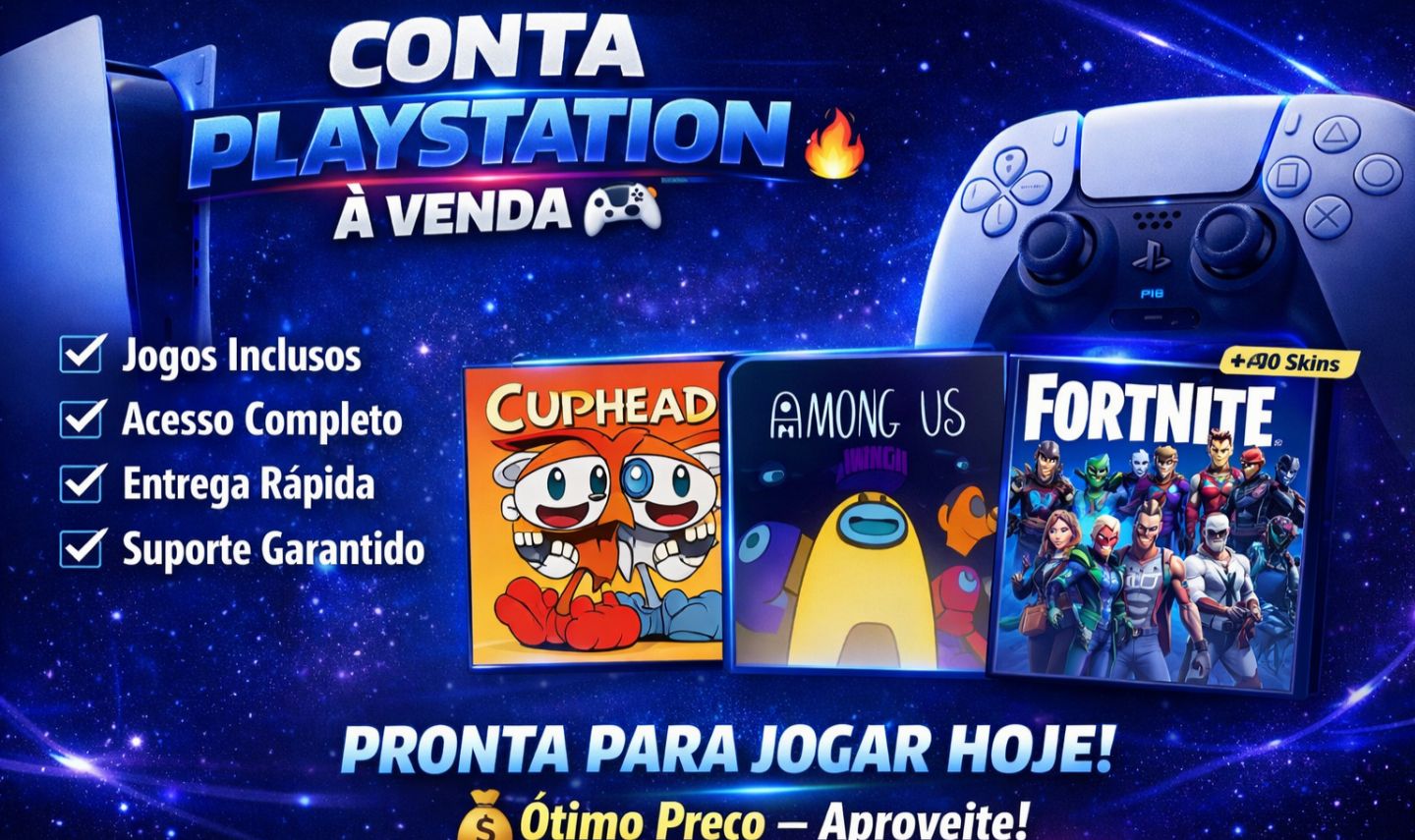 CONTA PLAYSTATION ANTIGA COM CUPHEAD AMONG US E REMATH COM 40 SKINS NO FORTINIT