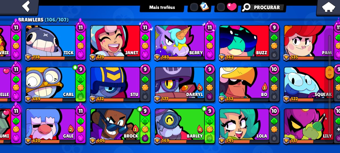 Conta de brawl de 2020,todos os brawlers,skins de hyper,brawlers quase 3k