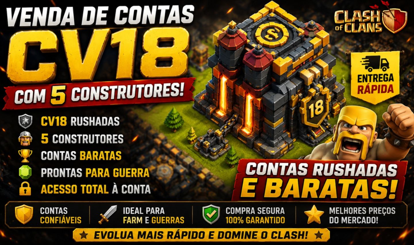 VENDA DE CONTAS CLASH OF CLANS - CV18,17,16 RUSHADO COM 5 CONSTRUTORES