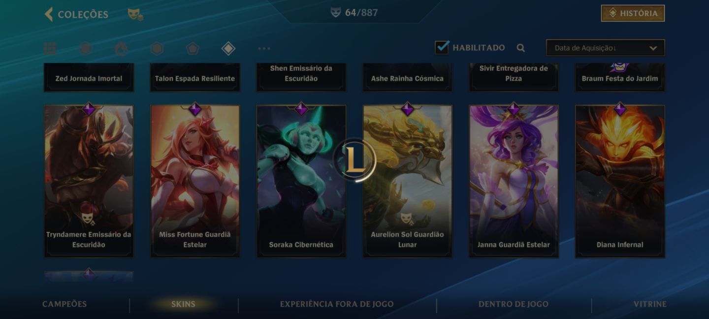 Lol wild rift,mais de 80 skins eu acho,skins de prestígio raras,e-mail sem nada