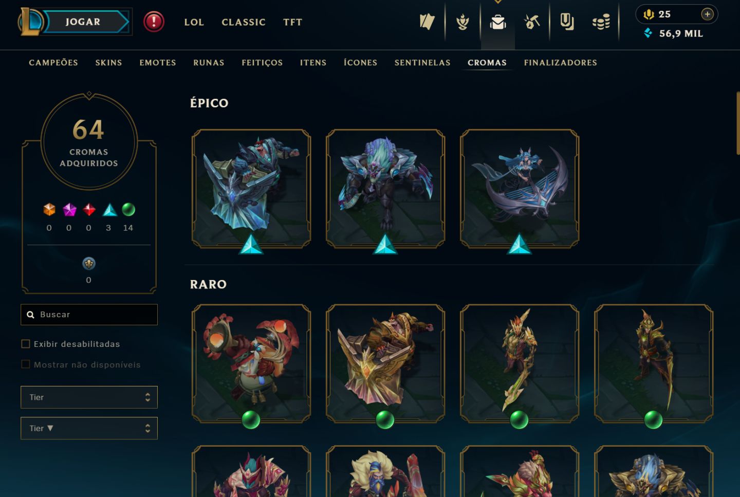 Conta LoL LVL298 Todos campeões 106 Skins 64 Cromas Plat 4