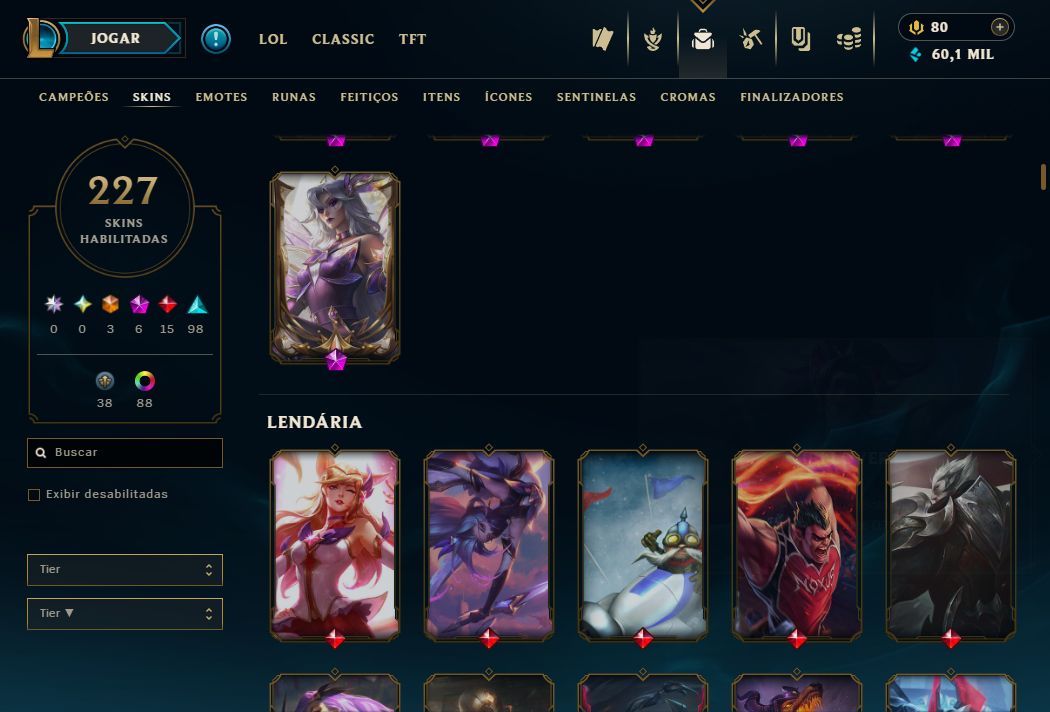 Conta LOL mmr mestre (caiu pra d1 por inatividade) lvl 429, 227 skins