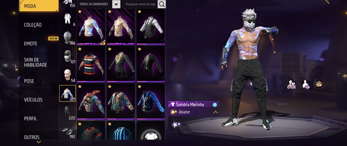CONTA FREE FIRE COM BARBINHA, SOMBRA ROXA, PEITORAL MANDELA, UMP EVO, 2 ENTRADAS