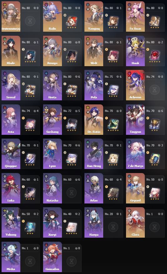 Conta End game Genshin AR60 + ZZZ 55 + HSR 70.
