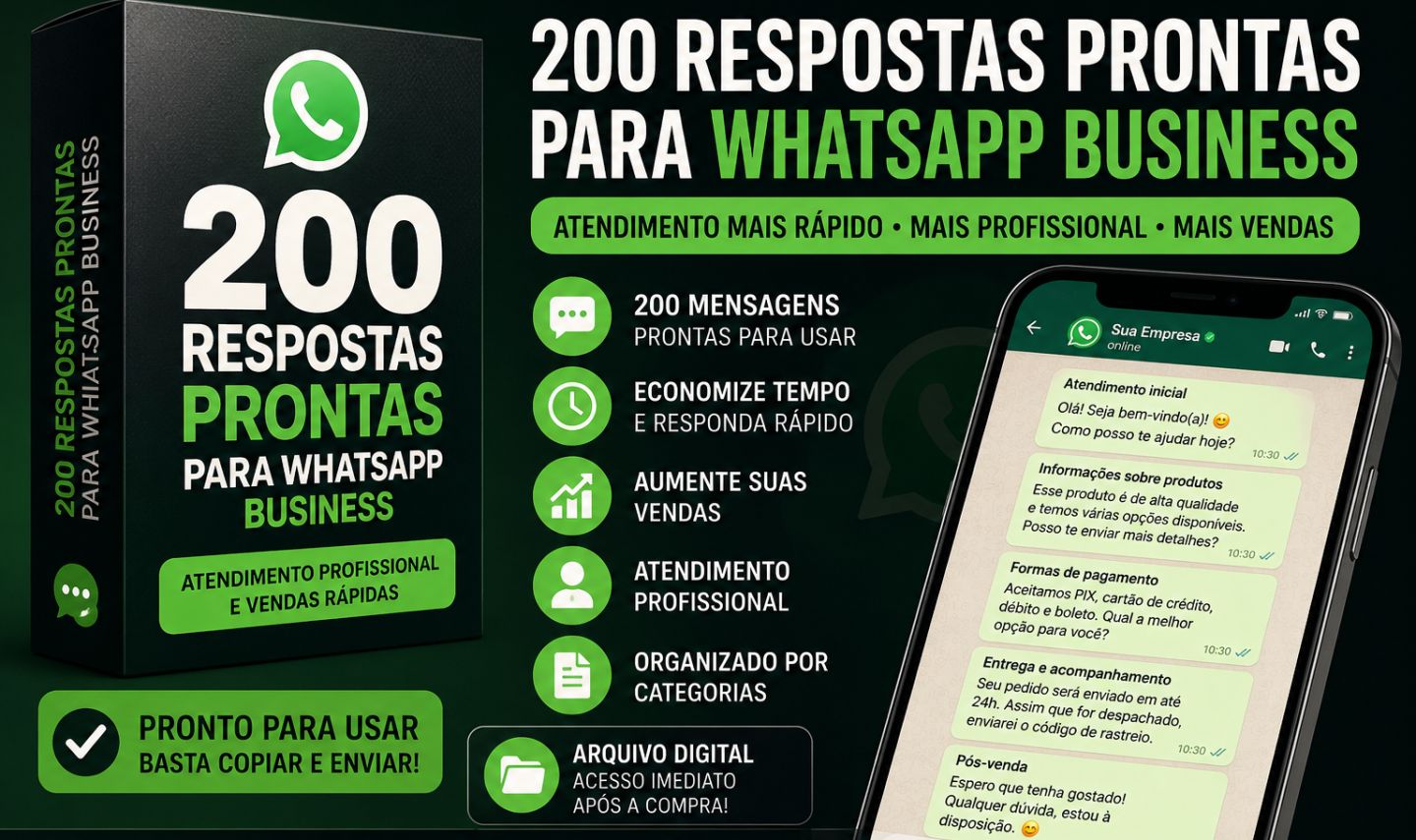 Kit WhatsApp Business | 200 Mensagens Prontas para Atendimento e Vendas