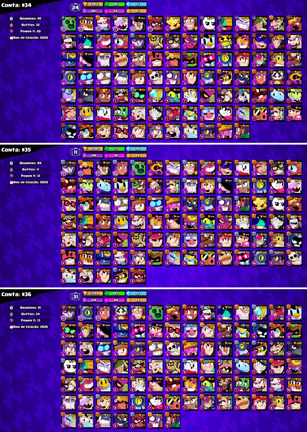 CONTAS BRAWL STARS c/LENDÁRIOS e MUITOS TROFÉUS!!