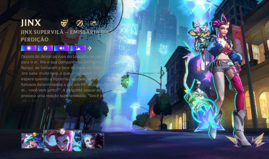 Conta Monarca Jinxs Supervilã , 172 Skins e todos campeões comprados.