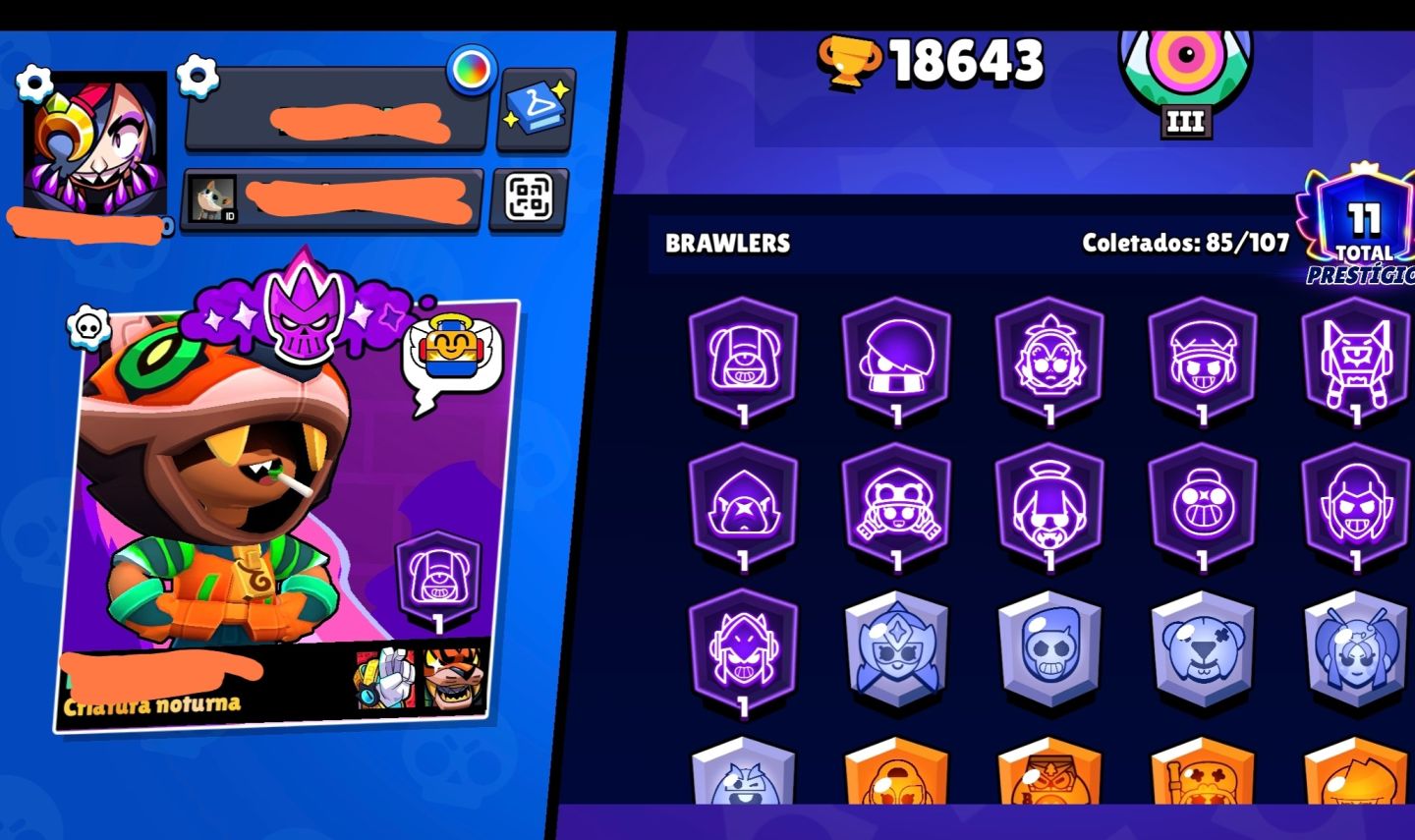 Conta de Brawl Stars, 19K de troféus 86 Brawlers 11 Prestígios