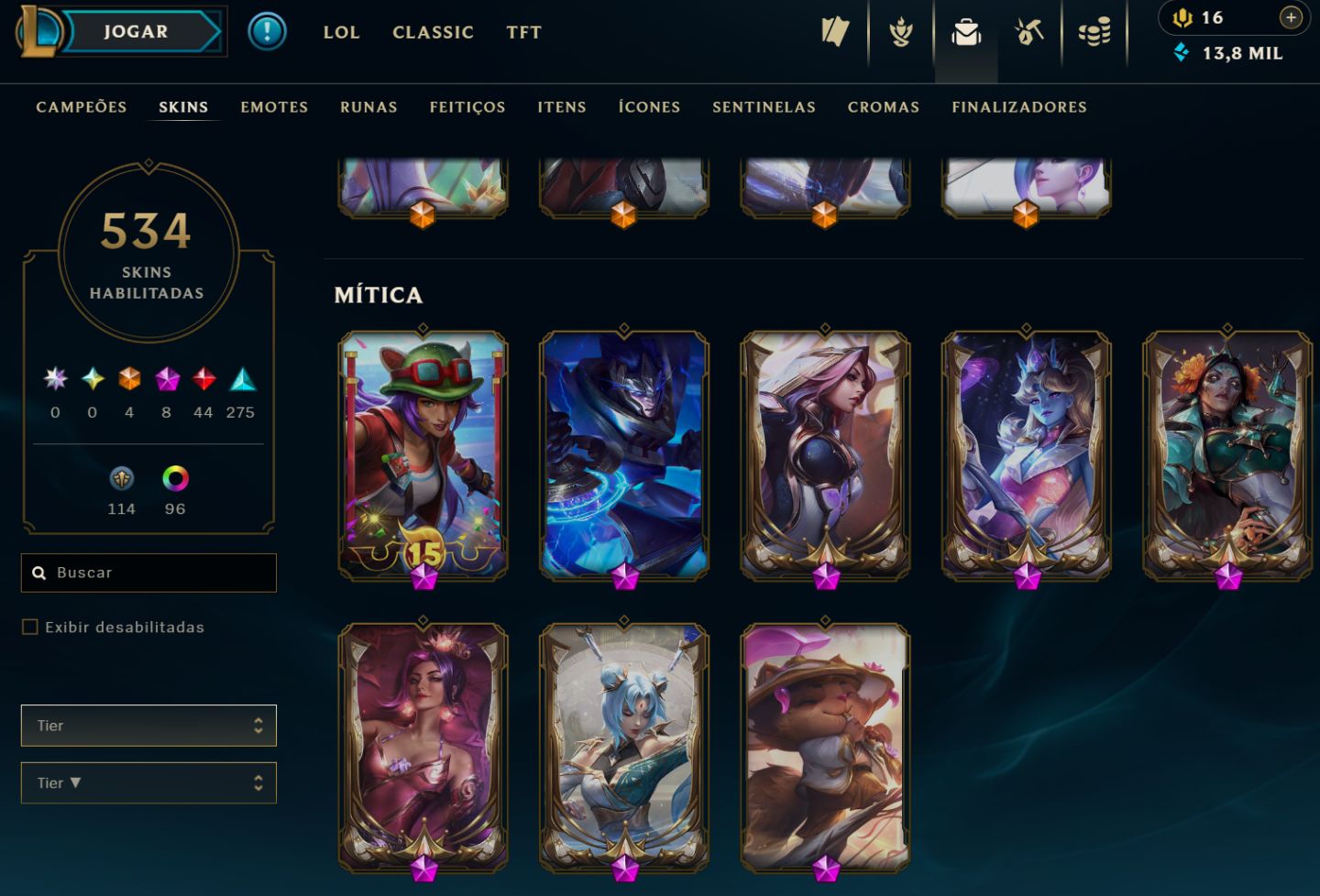CONTA LOL NÍVEL 388 | 534 SKINS | 44 LENDÁRIAS | 4 ULTIMATE | 8 MÍTICAS