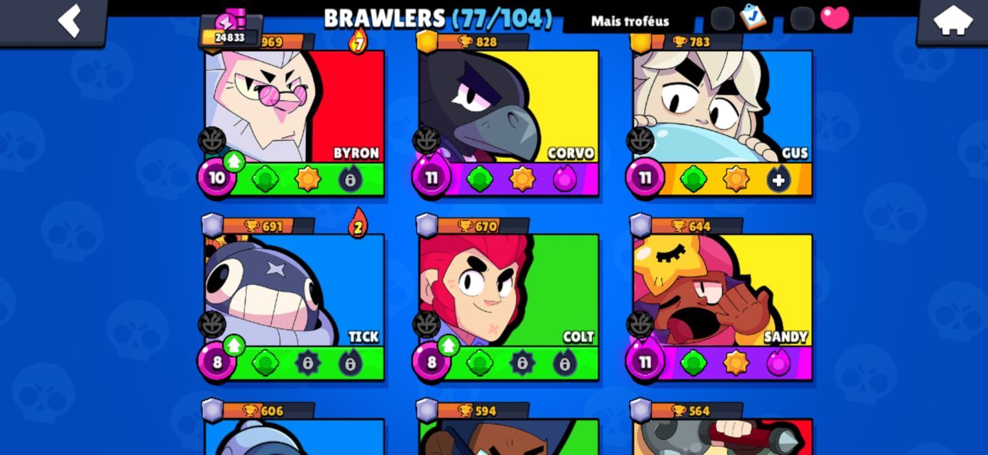Conta Brawl, 24K troféus, diversas skin, 183 Gemas, 77 Brawlers + Brinde Secreto