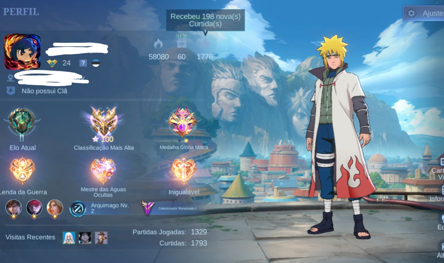 CONTA DE MLBB COM MUITAS SKINS LENDÁRIAS, MINATO, ITACHI, K' ELO +ALTO 100 STAR