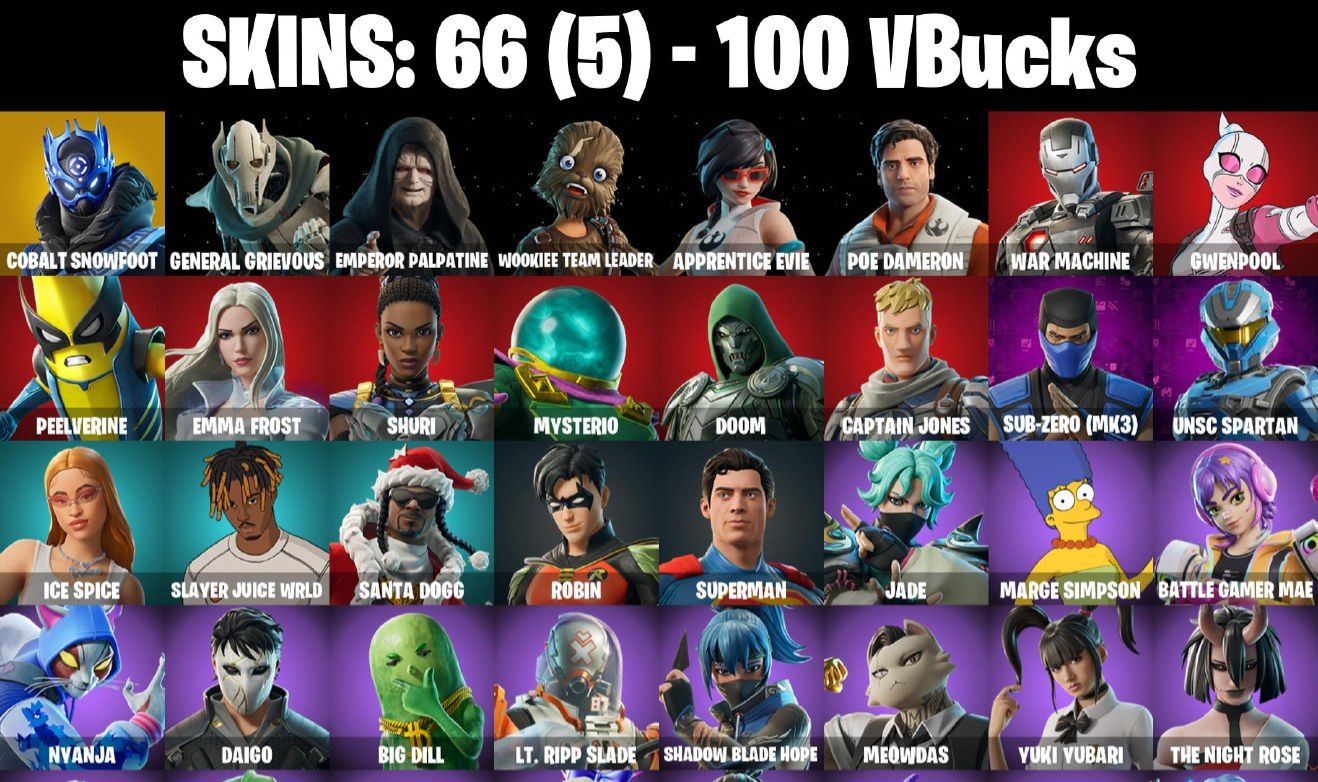 CONTA FORTNITE COM 66 SKINS COBALT/DOOM/SUBZERO/POE DAMERON/WAR MACHINE