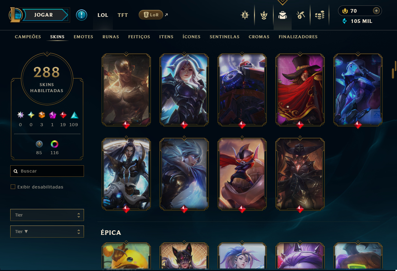 Conta LoL Esmeralda atual, 2013, 288 Skins, Todos Campeões