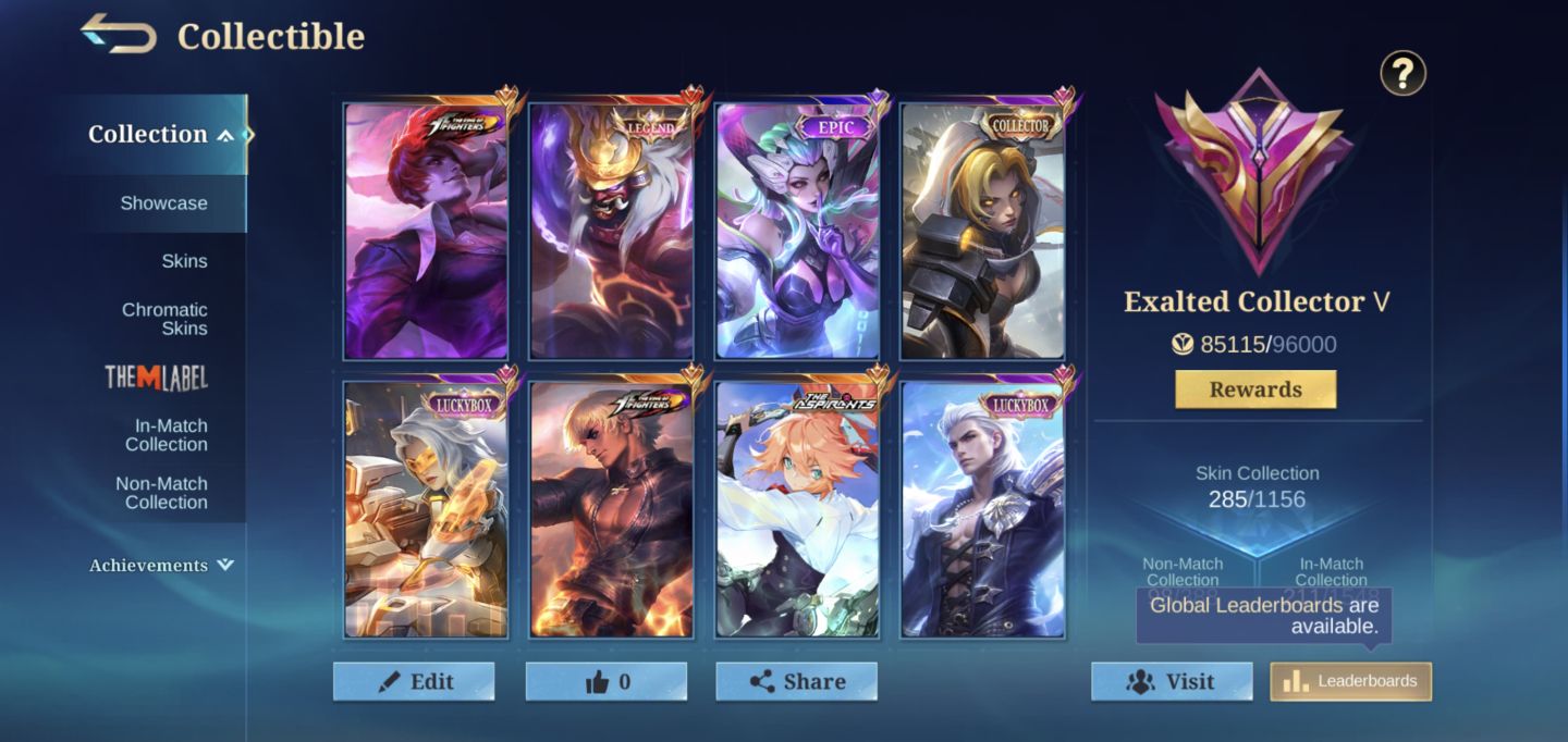 Conta MLBB 285 skins, épicas, aspirants, legend, Kof, Colab. etc