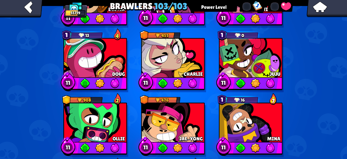[55K TROFÉUS]CONTA FULL BRAWLERS(103/103)-25 HYPERCHARGES-MUITOS LEVEL 11 FULL